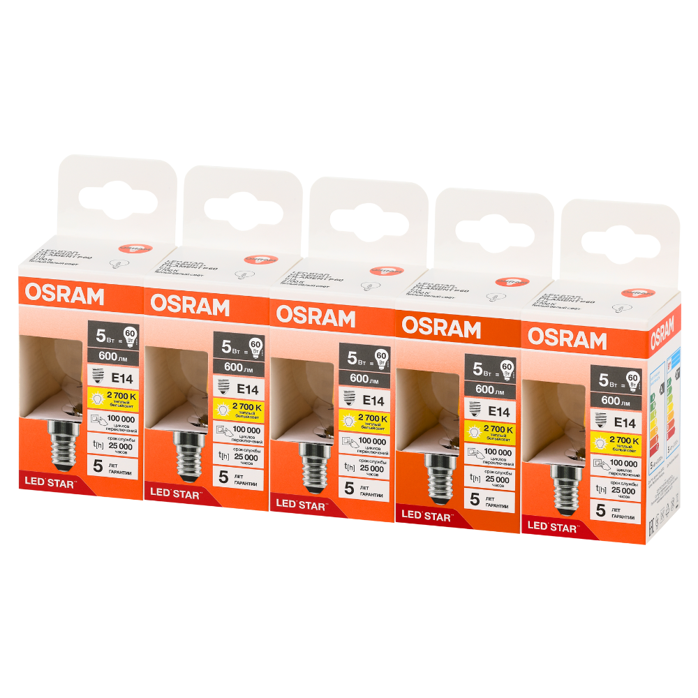 фото Лампочки светодиодные филаментные OSRAM LED STAR, 5Вт, 5 шт в наборе, Е14, 2700К теплый белый свет, 600лм, колба шар прозрачная стекло