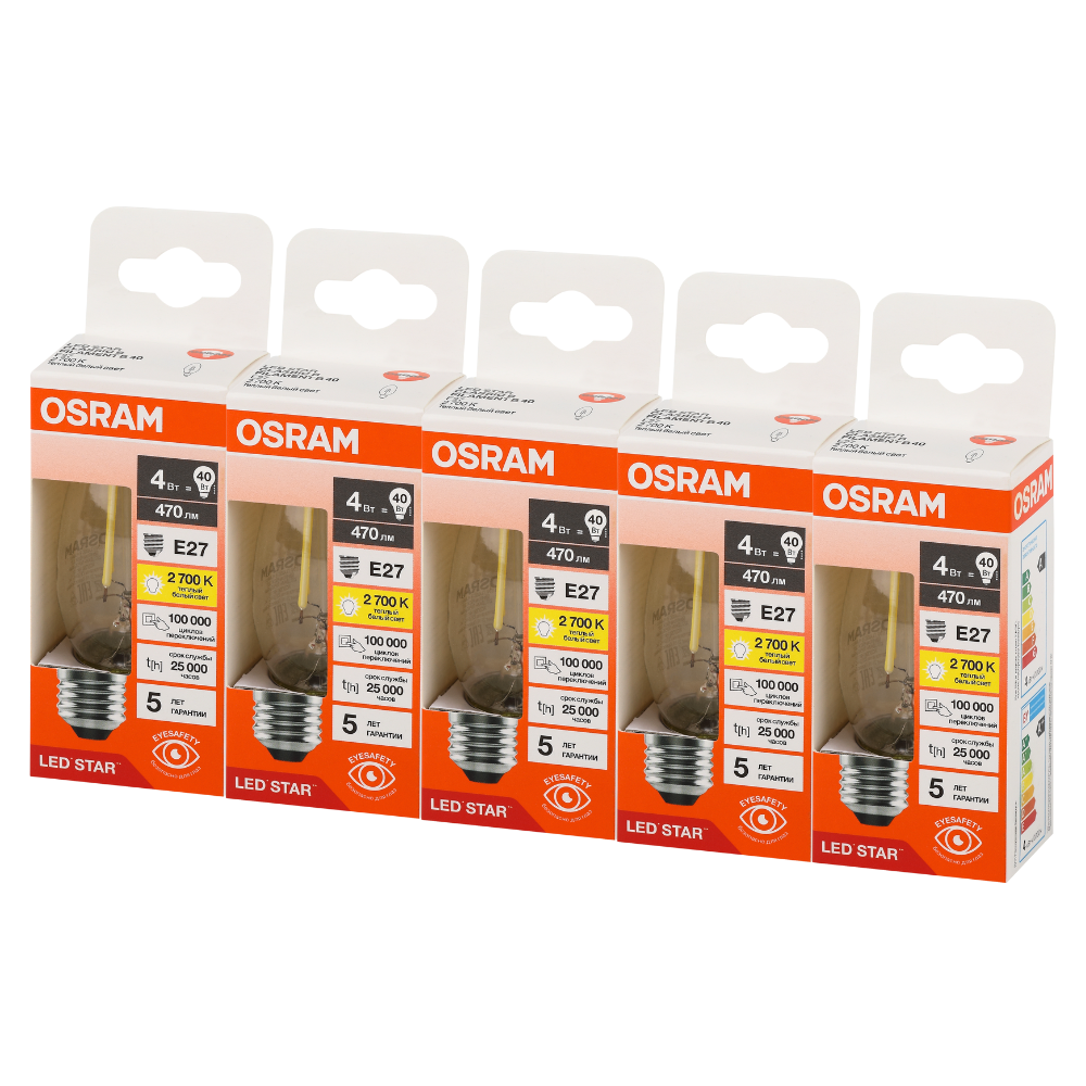 фото Лампочки светодиодные филаментные OSRAM LED STAR, 4Вт, 5 шт в наборе, Е27, 2700К теплый белый свет, 470лм, колба свеча прозрачная стекло
