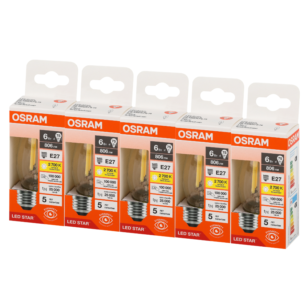 фото Лампочки светодиодные филаментные OSRAM LED STAR, 6Вт, 5 шт в наборе, Е27, 2700К теплый белый свет, 806лм, колба свеча прозрачная стекло