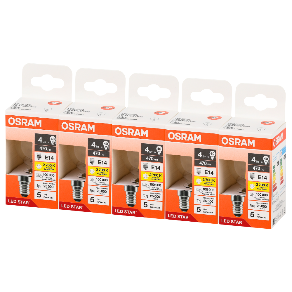 фото Лампочки светодиодные филаментные OSRAM LED STAR, 4Вт, 5 шт в наборе, Е14, 2700К теплый белый свет, 470лм, колба шар прозрачная стекло