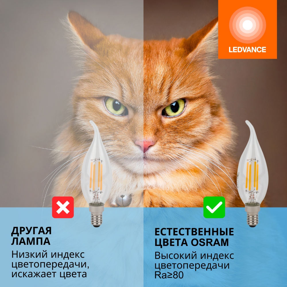 фото Лампочки светодиодные филаментные OSRAM LED STAR, 6Вт, 5 шт в наборе, Е14, 2700К теплый белый свет, 806лм, колба свеча на ветру прозрачная стекло